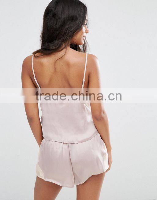 Hot Sale Fashion Pajamas Strap Crop Tops Custom Chiffon Side Satin Cami & Short Pyjama Set