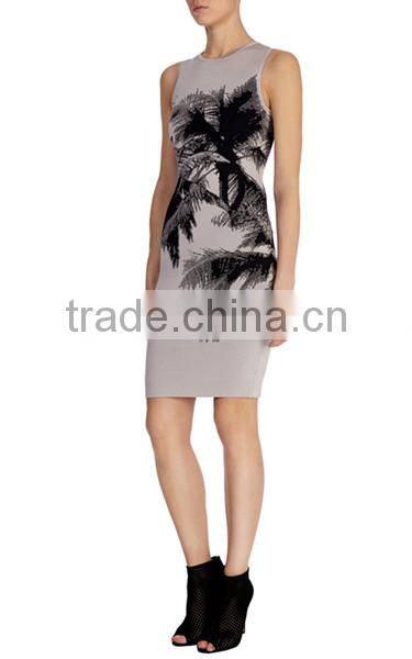 Direct sale classic palm tree pattern print bandage knit dress