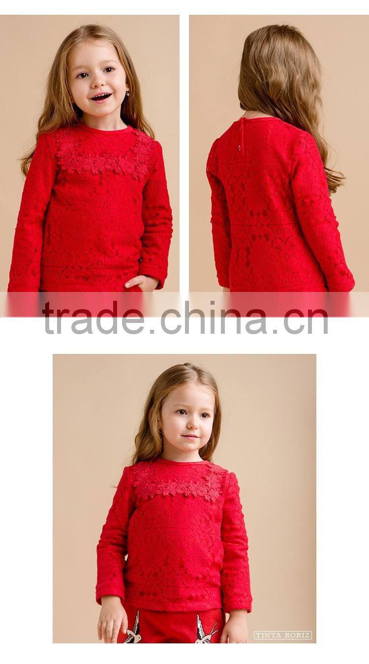 Wholesale Girls Long Sleeve Lace t Shirt With Flower Pattern Fleece Lining Shirt Designs For Girls