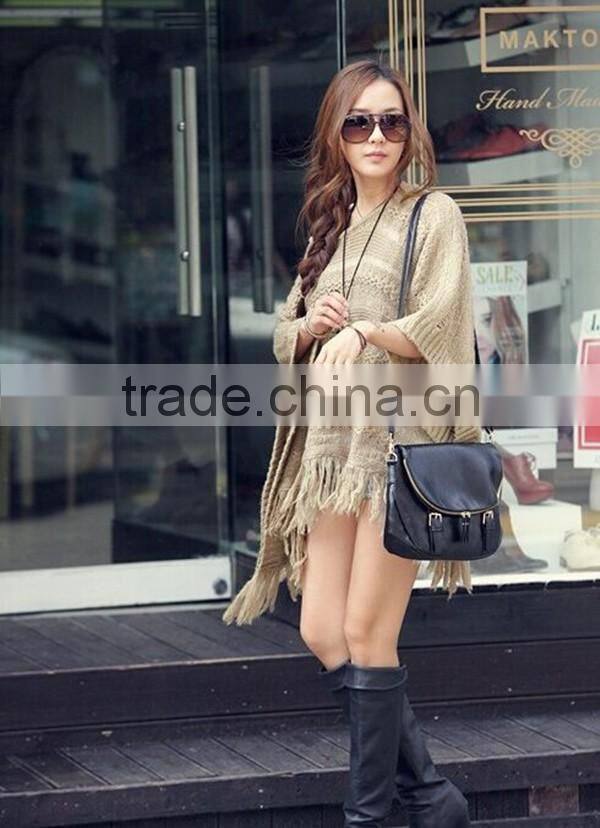 Spring smiles Korean style autumn and spring hollow out fashion solid khaki free size knit with tassel women sweater
