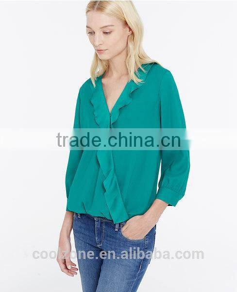 2015 new collection blouse 100% polyester dissymmetry front lady blouse