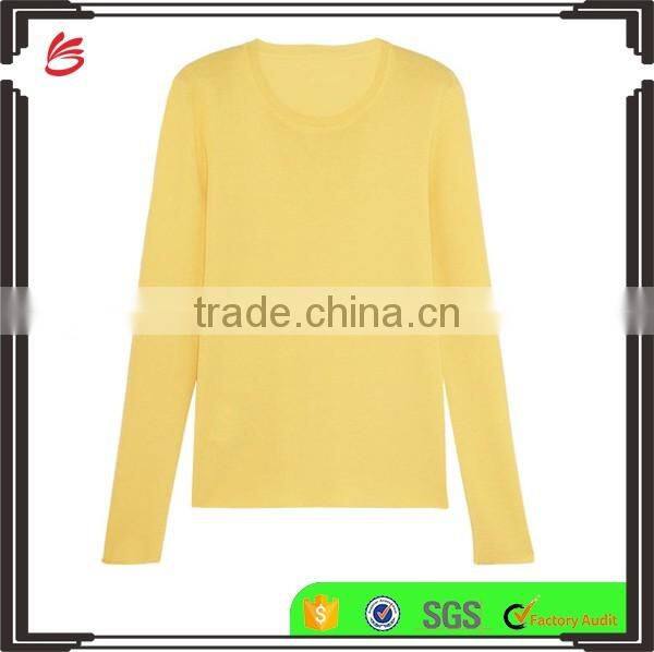 Hot Sale Crew Neck Bright Yellow Silk Blended Cashmere Sweater Women