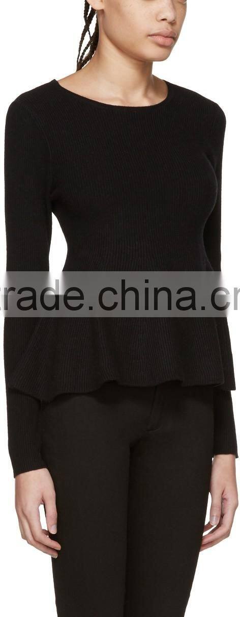 High Quality Women Plain Black Long Sleeve Rib Knit Pullover with Peplum Hem