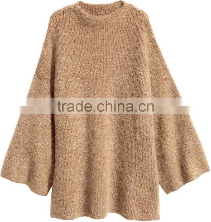 High Quality Long Bell Sleeves Crew Neck Ribbed Handmade Wool Knit Sweater for Women