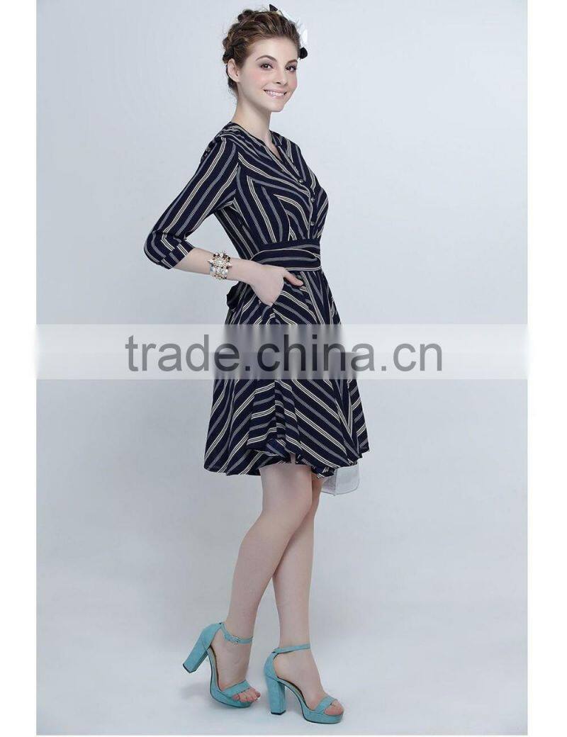 European style ladies spring v neck half sleeve strip dress