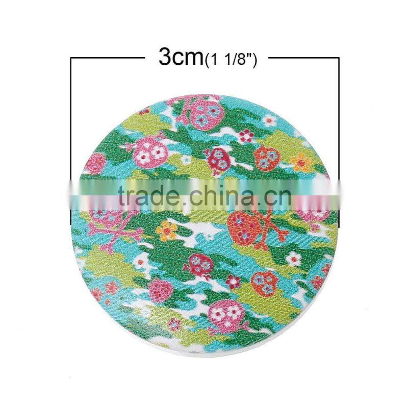 Wood Cabochon Round Multicolor Skull Halloween Pattern 30.0mm, 50 PCs