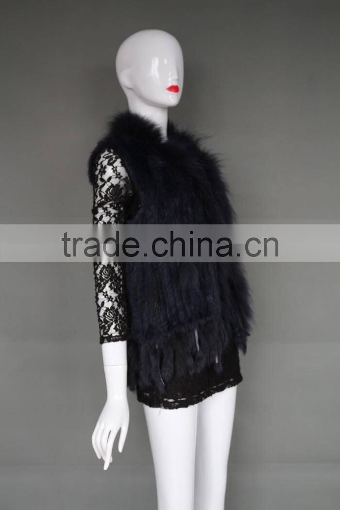 Wholesale Rabbit Fur Vest/ Gilet For Fashion Ladies/Women Knitted Coat With Raccoon Fur Collar