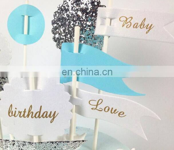 Hot Sale DIY Blue and Glitter Happy Birthday Cake Topper Set Cake Decor
