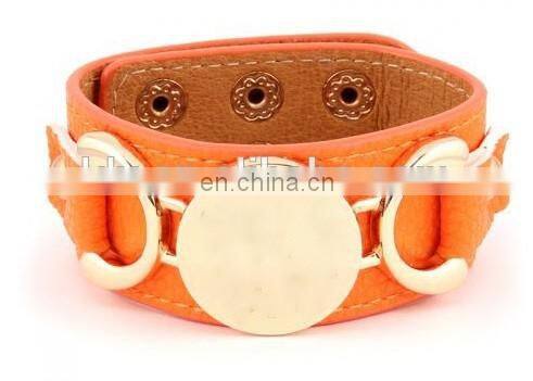 Thin leather wrap with Round plate Monogram Bracelet