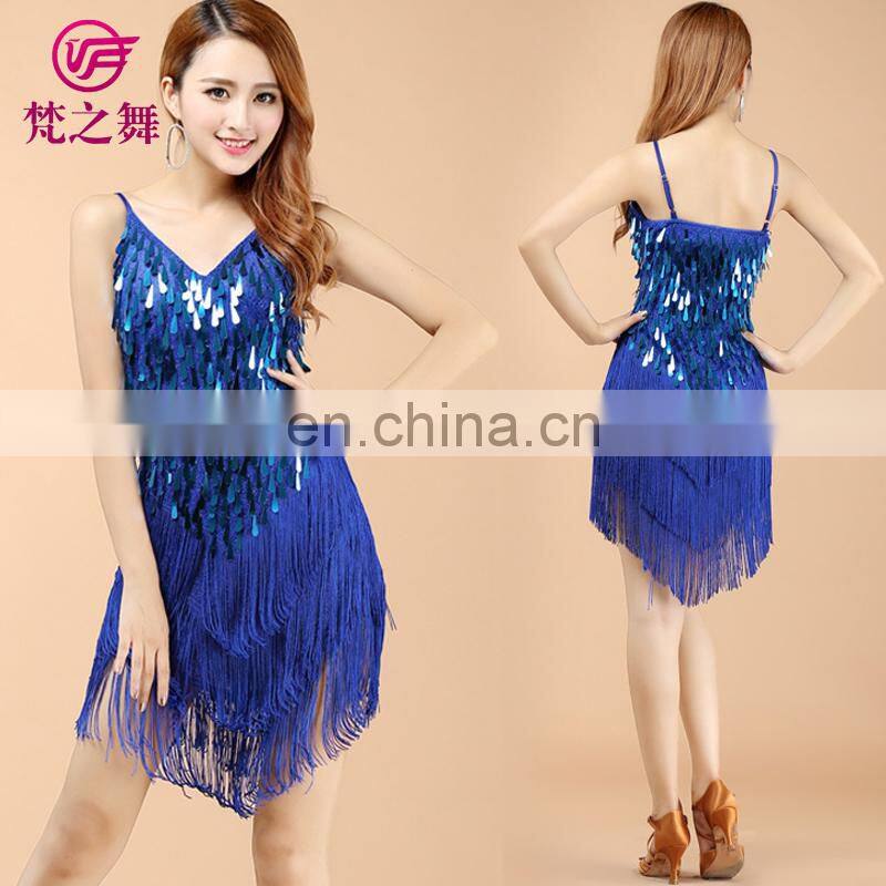 Sexy American competition performance sequins tassel latin dress wear L-7089#