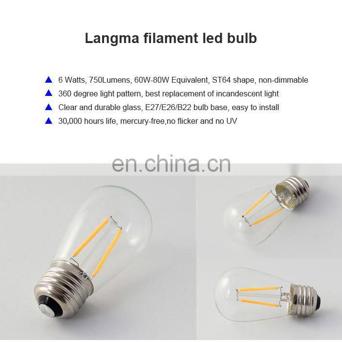 Langma 4W 6W 8W Retro screw E27 E26 AC110V AC230V vintage edison filament light bulb ST64 st58 led CE/Rohs/UL certified