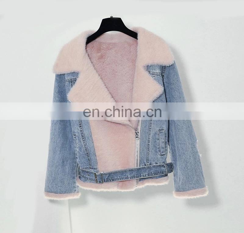 New style factory sherpa women fashion winter jacket berber Fleece Fancy denim ladies motorcycle jacket