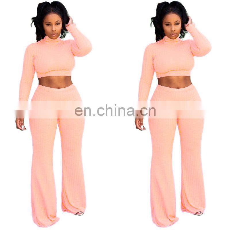 Spring and summer new sexy casual suit women solid color round neck long-sleeved wide-leg pants suit manufacturers wholesale