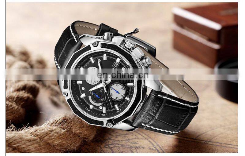 MEGIR 2015 Men Leather Strap Analog Chronograph Calendar Wrist Watch Military Sport Men Wristwatch