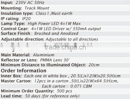 4X1W led manufacturer adjustable LED spotlight for three-phase busbars