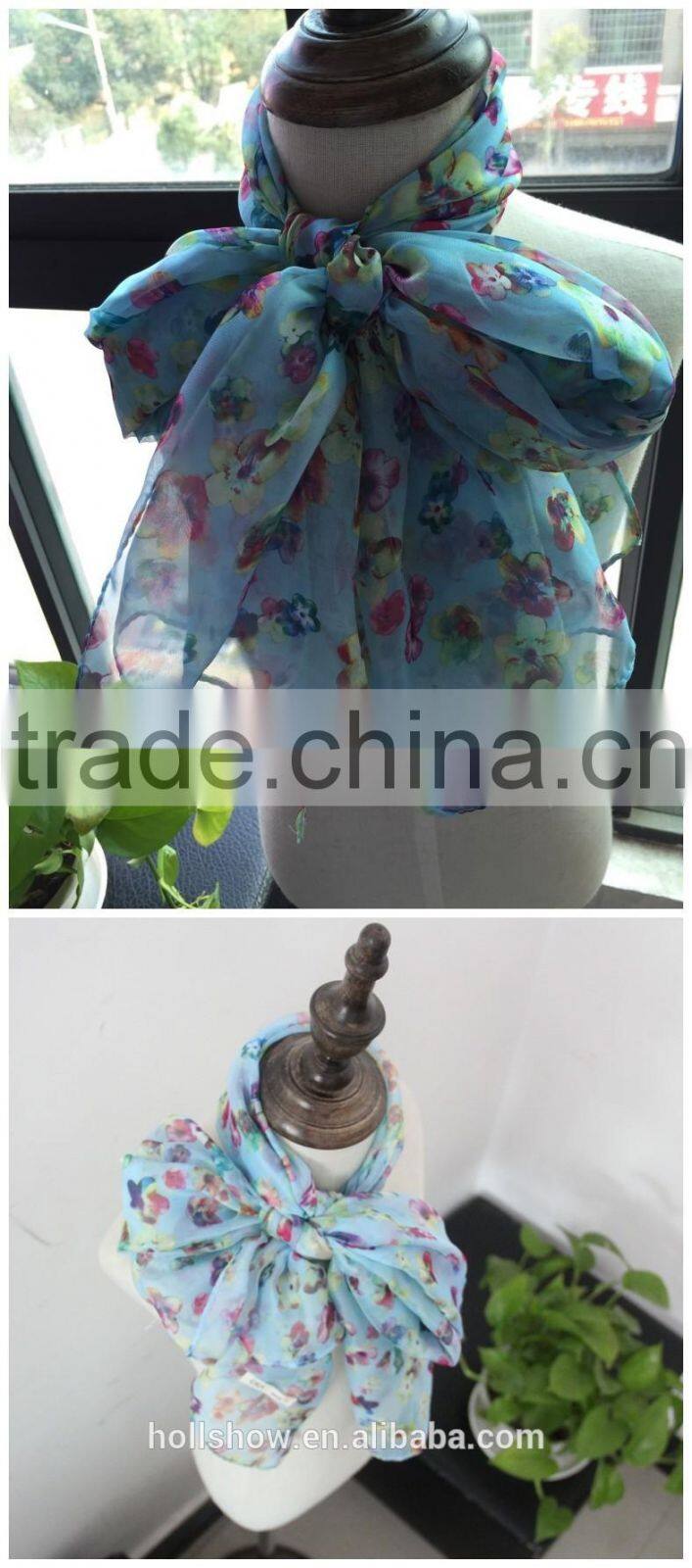 Hot Selling Charm Beautiful Small Flower Printed Polyester Long Fashion Girls Scarf