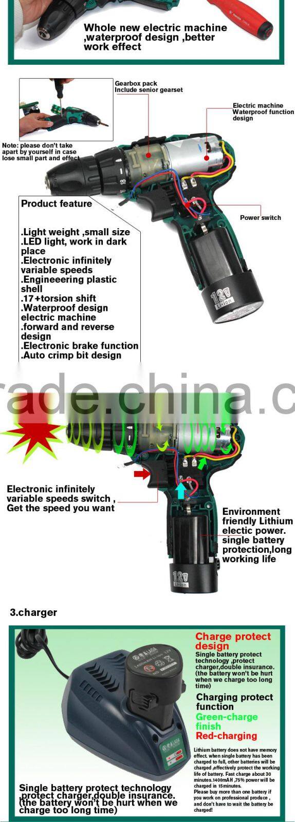 12V double speed Li-ion battery industrail grade waterproof electric drill charged electric drill,+1 battery+1charger
