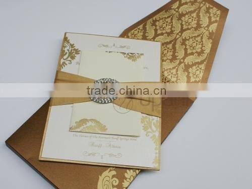 Gold Silk Wedding Invitation with rhinestone brooch and ribbon ON SALE