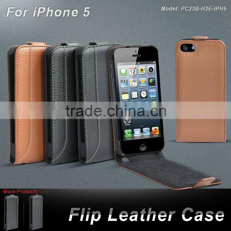 for iPhone 5 brown color real leather flip Case