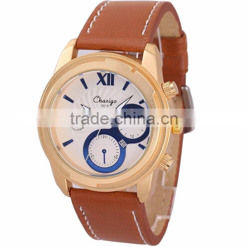alloy stainless steel material wrist watch quality golden case watches with leather
