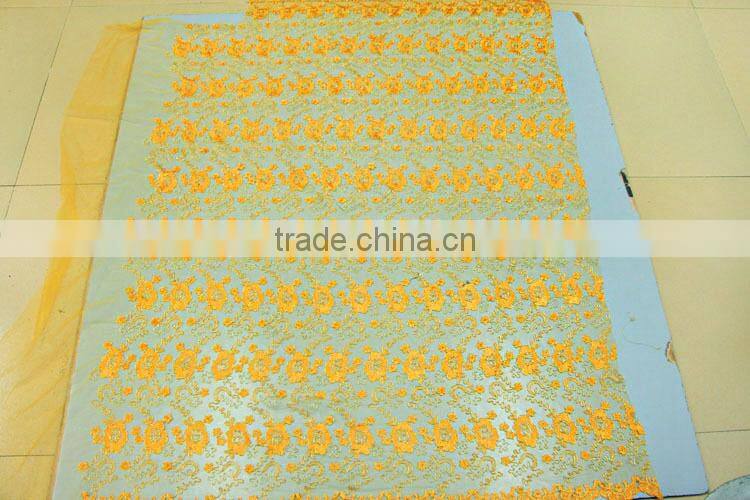 Embroidery design mesh lace fabric with gold cording wedding dress lace