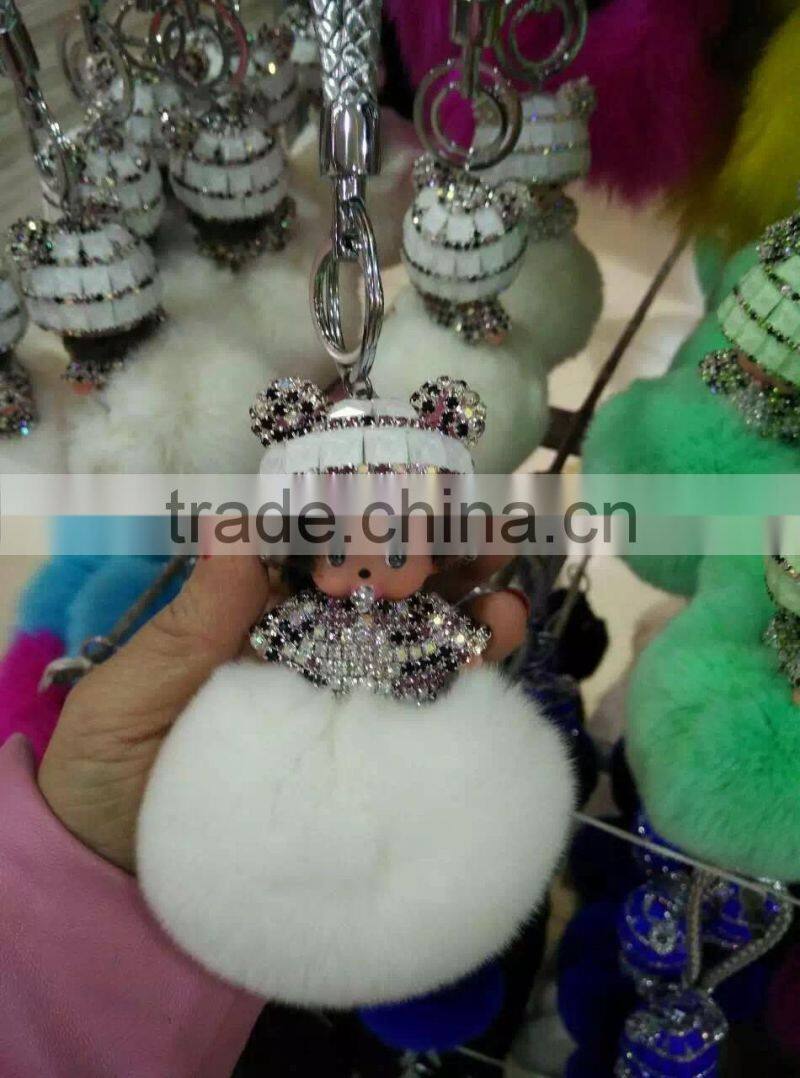 Wholesale New Designs Cute Multicolor Rhinestone Monchhichi Doll Rabbit Fur Ball Keychain