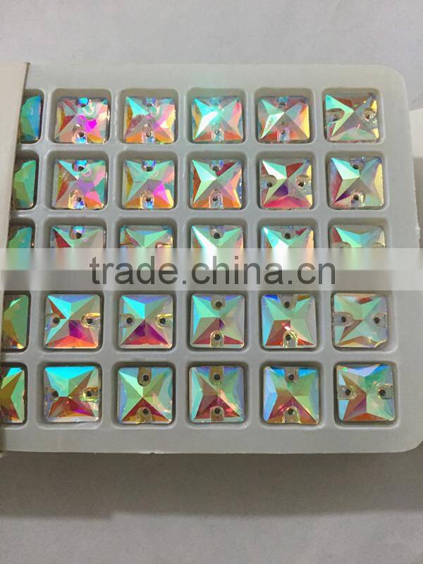 fancy super shine 10x10mm square shaped sew on stone with double hole for wedding dress