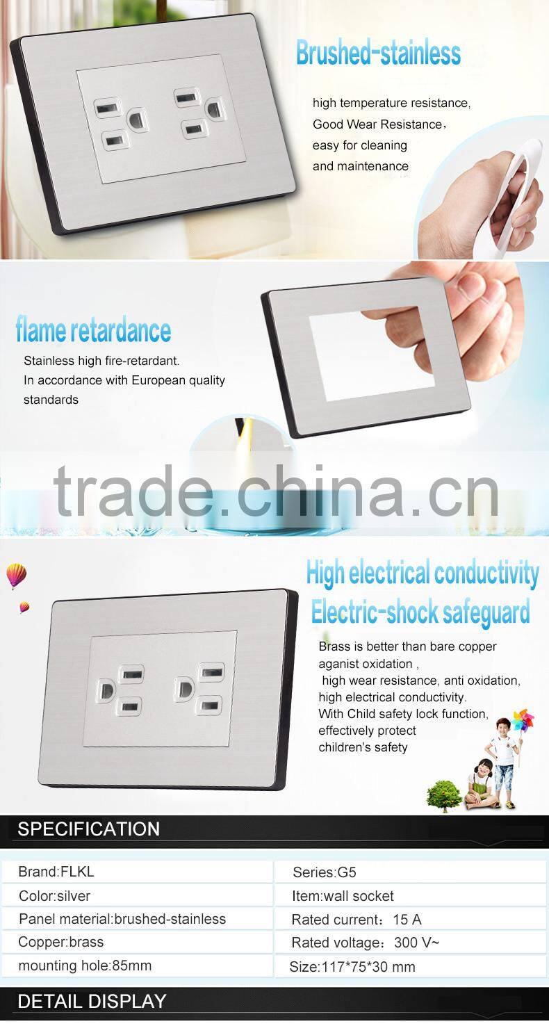 USA American Standard fashion multi double 3 pin brushed stainless wall power electrical socket
