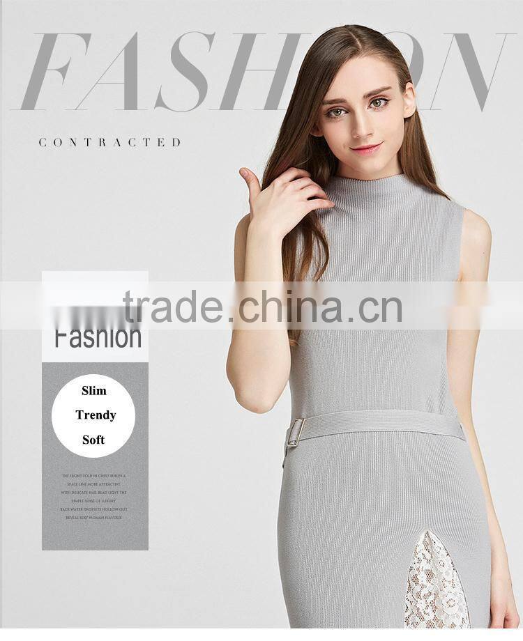 Fashion Lady Sleeveless Knitting Dress 2016 Summer Woman Thin Long Sweater Pullover Femme Robe De Tricot Lace Patchwork