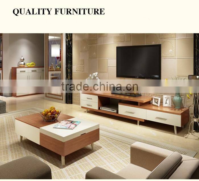 The glossy PVC white and wood grain coffee table