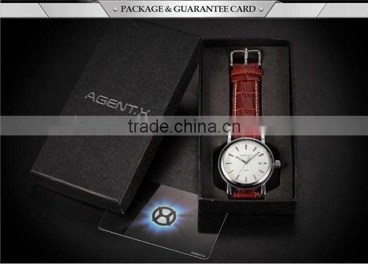 Steel Case White Dial Date Quartz Analog Genuine Leather Band Men Wrist Watch