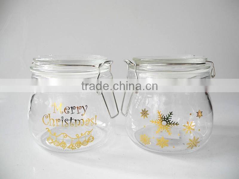 branded printed clear empty glass food container with metal clamp lid
