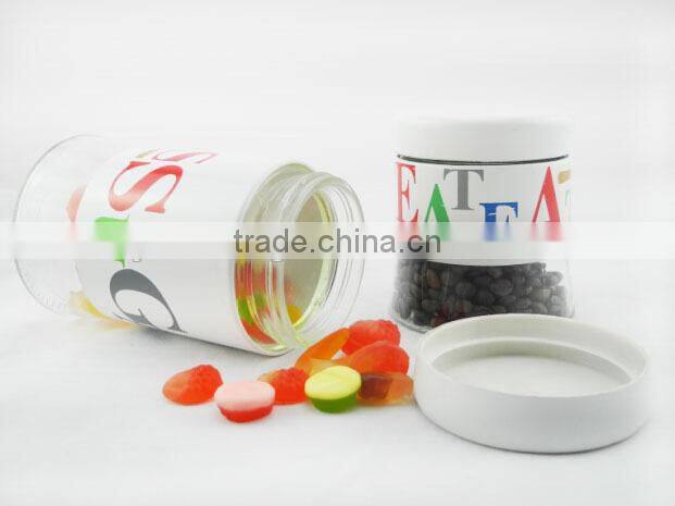 practical cylinder glass honey letter jar with metal decal coating TP12104