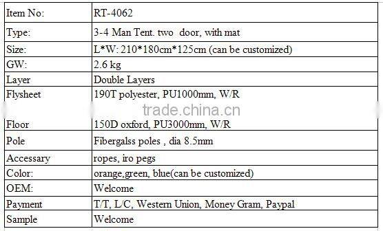 Two Door Fiberglass Poles Polyester Fabric Camping Tent for Family