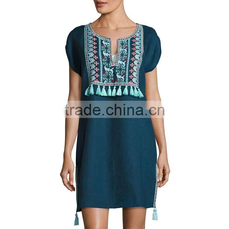 Women Summer Embroidery Dress 2017 Cap Sleeve Linen Flare Dress HSD9995