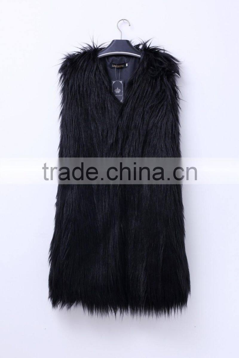 Europe style 2016 new fashion design pure color lady long faux fur vest
