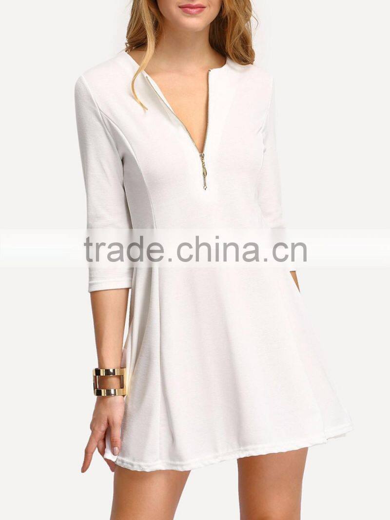 White Zipper A-Line Dress Plain Casual Polyester Fabric Spring V Neck Short Dress With 3/4 Sleeve