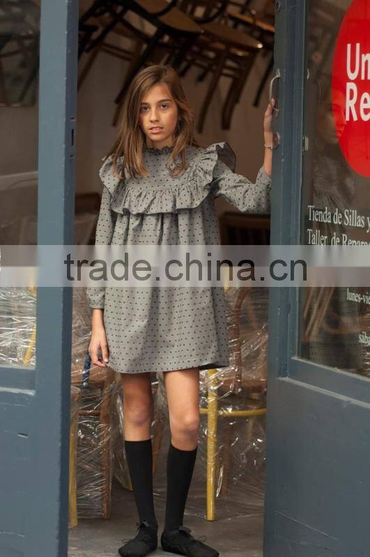 New Latest Design Kids Girls Dots Boutique Dresses Long Sleeve Cotton Ruffle Fashion Girls Dresses