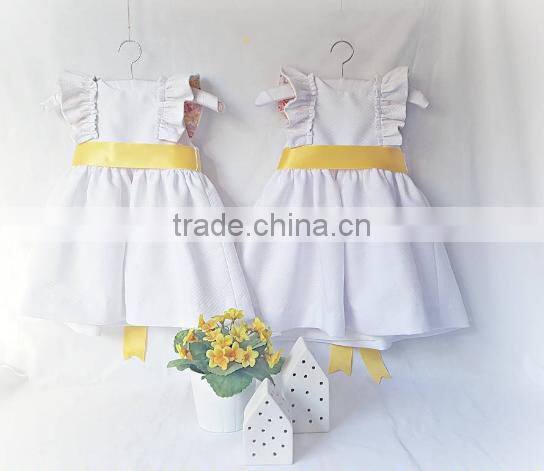 White Dress Girls Frocks Ruffle Sleeve High Waist Ribbon Summer Children Clothes