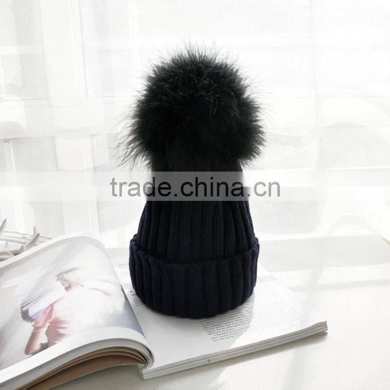 2016 Winter beanie Real Silver Fox Fur ball Knitting hat For Women Black Real Raccoon Fur ball Skullies
