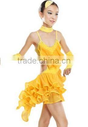 Newest design!! Eye-catching yellow Professional Custom Sexy Child Latin Dance Costume,indian dance wear