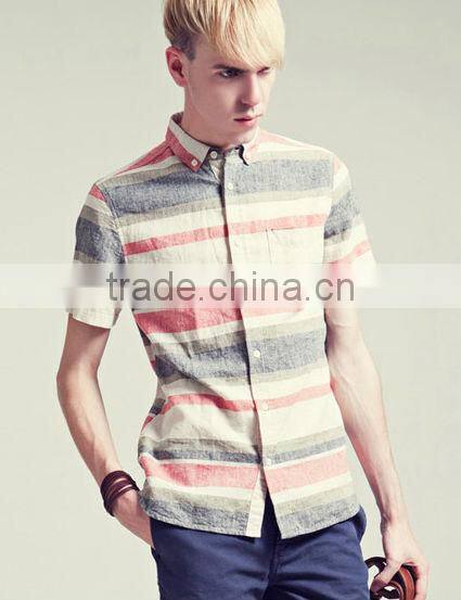 New fashion style woven linen & cotton short sleeve men shirt 2016