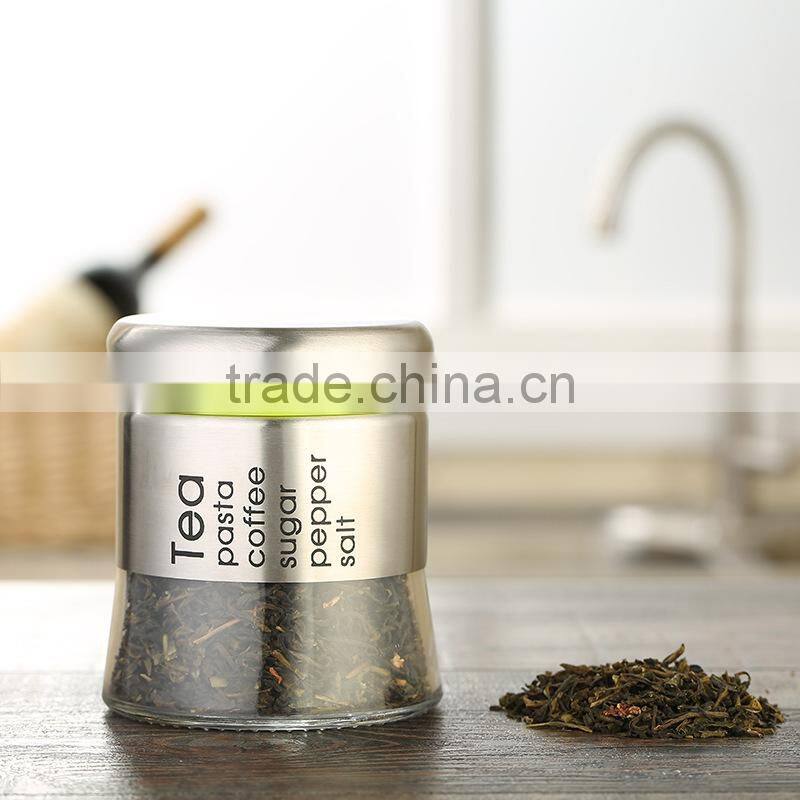 High quality stainless steel spice sugar salt pepper coffee storage bottle glass food storage jar
