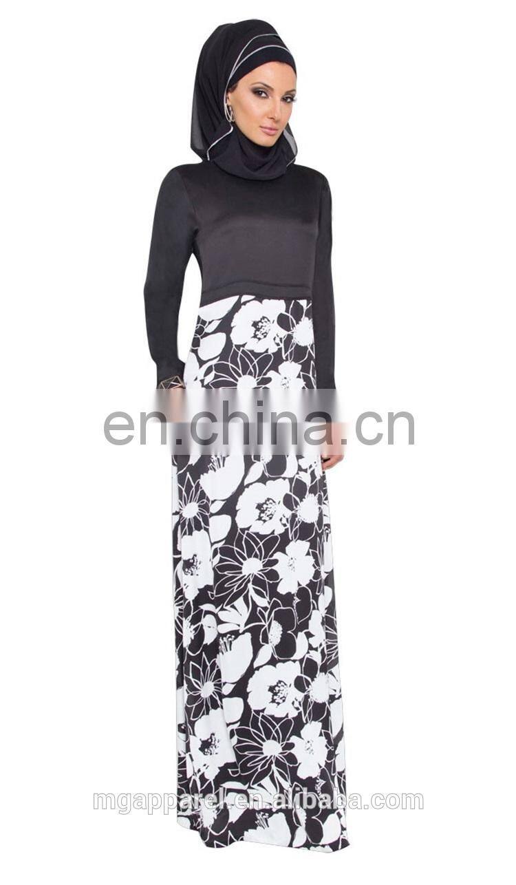 latest fashion muslim women formal dress black and white floral print dress muslim long sleeve maxi dress with wrap scarf