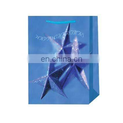 New design glitter paper christmas gift bag with pp rope handle