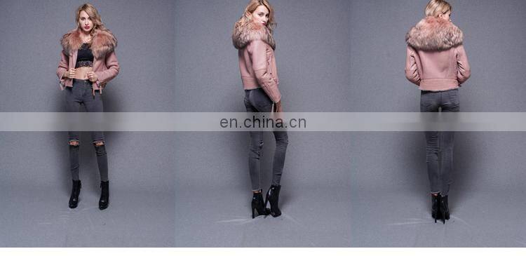 Three color selectable Big Raccoon Collar Lining Ladies Jackets Coats Winter Fashion Sheep Fur And Leahter Overcoat