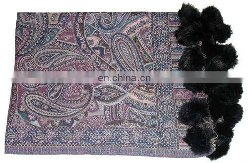 Paiseley Design shawl with Fur balls in Mexico