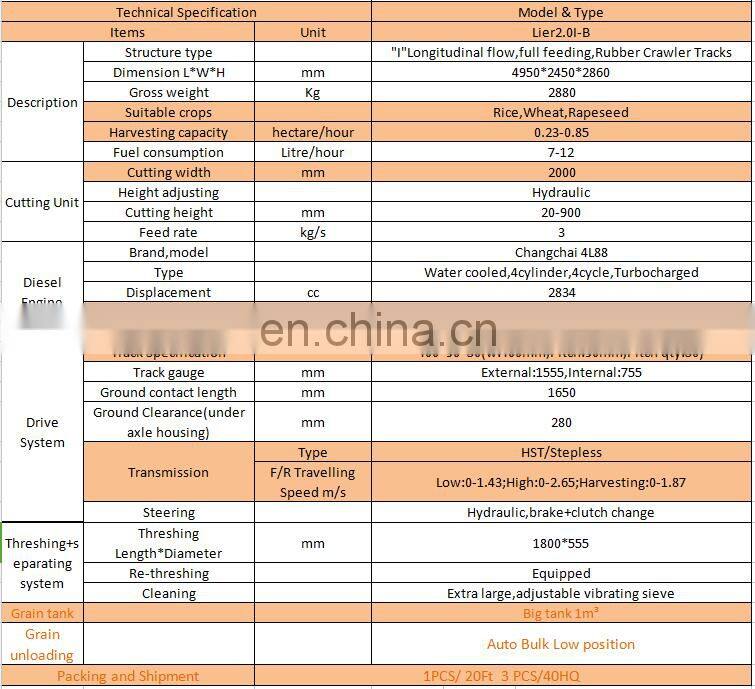 Lier2.0I-B track type high quality paddy combine harvester