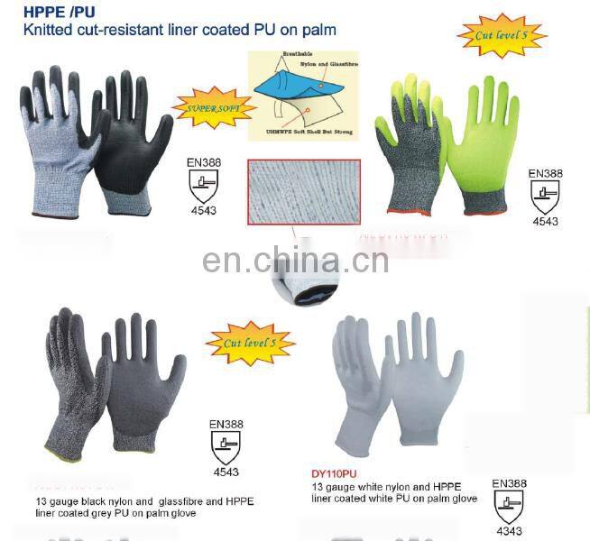 Factory Direct-13G HPPE+Fiberglass PU Coated 5 Level Cut Resistant Glove