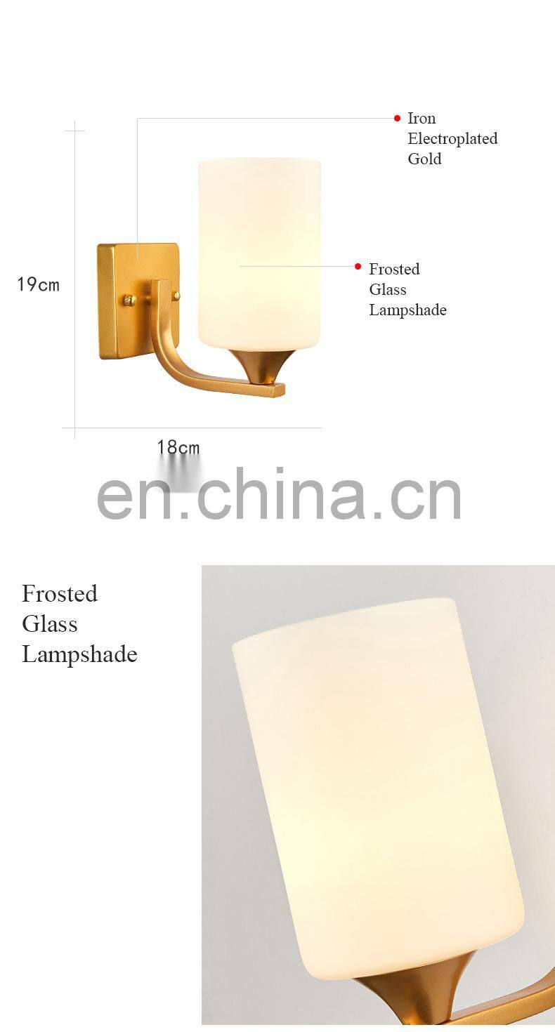 home hotel indoor bedroom modern glass lampshade iron lamp body bedside golden wall light